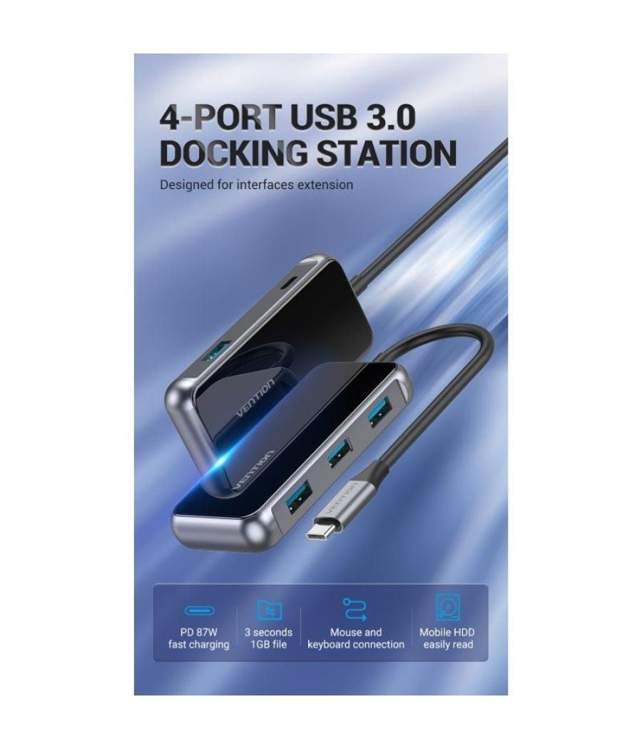 Hub usb tipo-c vention tfdhb/ 4xusb/ 1xusb tipo-c pd/ gris