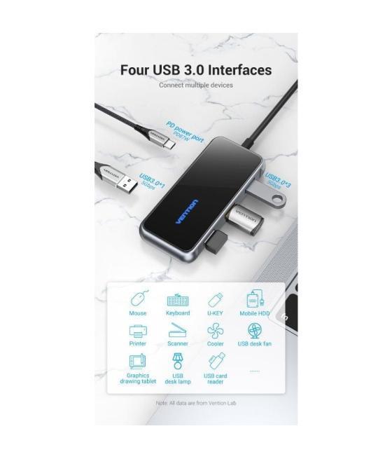 Hub usb tipo-c vention tfdhb/ 4xusb/ 1xusb tipo-c pd/ gris