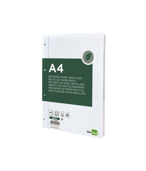 Recambio liderpapel a4 100 hojas papel reciclado 100% 80g/m2 cuadro 4mm con margen 4 taladros