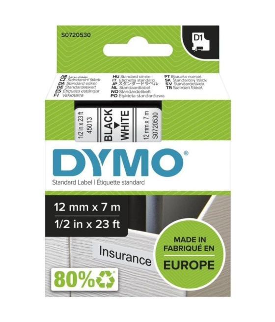 Cinta rotuladora adhesiva de plástico dymo d1 45013/ para label manager/ 12mm x 7m/ negra-blanca