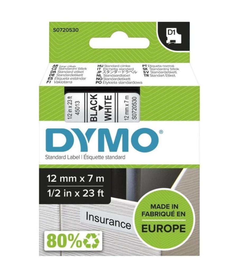 Cinta rotuladora adhesiva de plástico dymo d1 45013/ para label manager/ 12mm x 7m/ negra-blanca