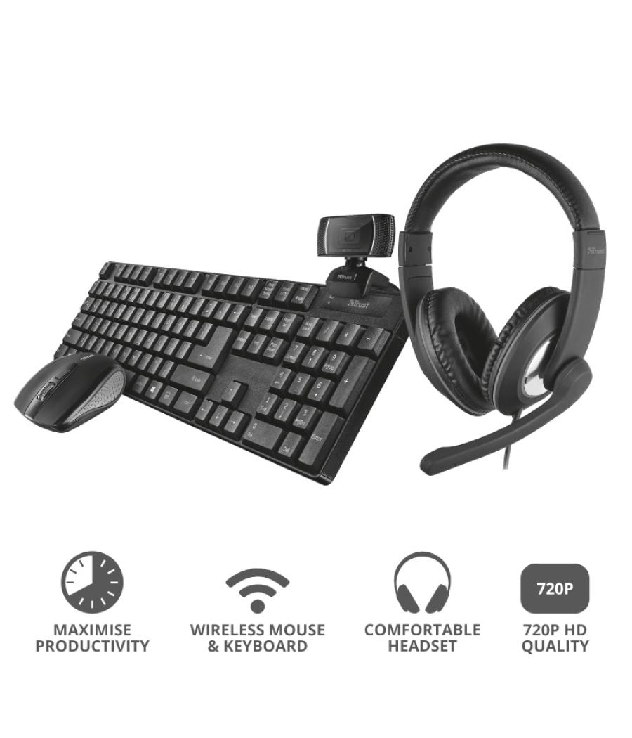 Pack teclado mouse headset y webcam trust bundle home office headset reno +teclado y mouse ximo+webcam trino hd 24042