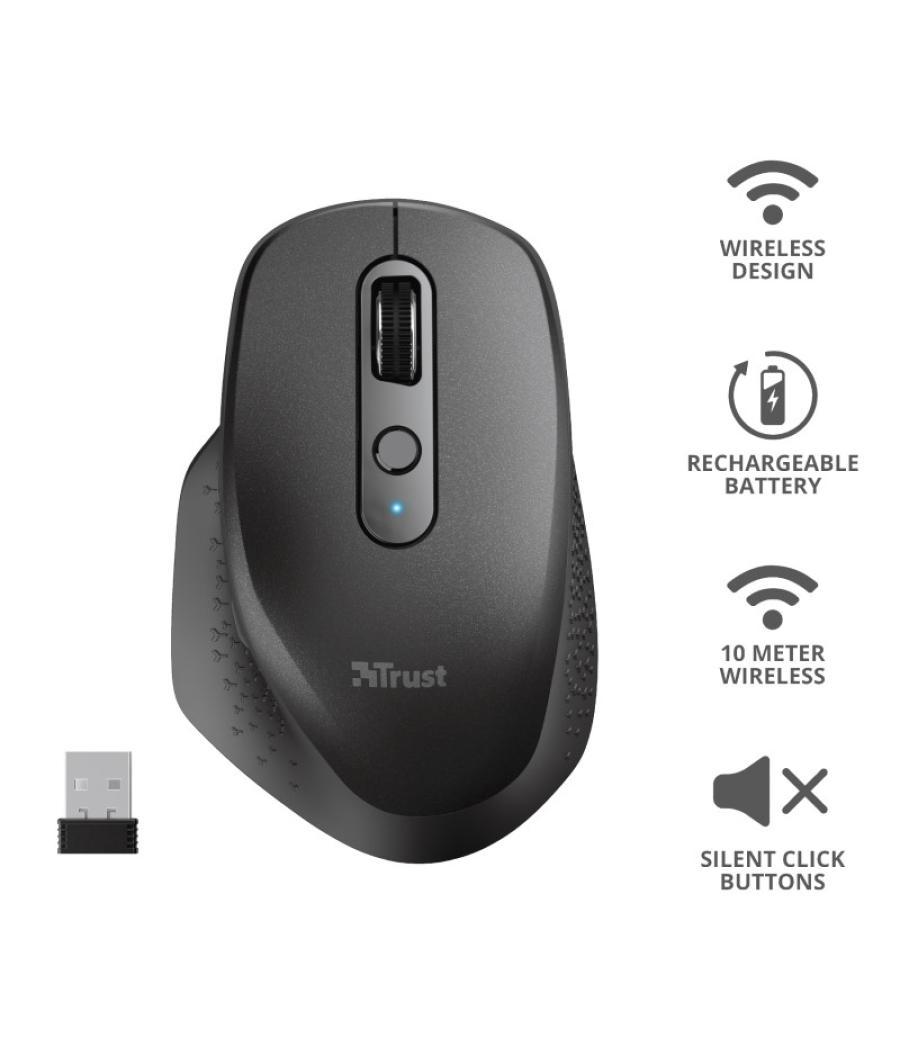 Mouse trust wireless ozaa recargable- sensor optico - 6 botones - 800/1200/1600/2400dpi - receptor micro usb 23812