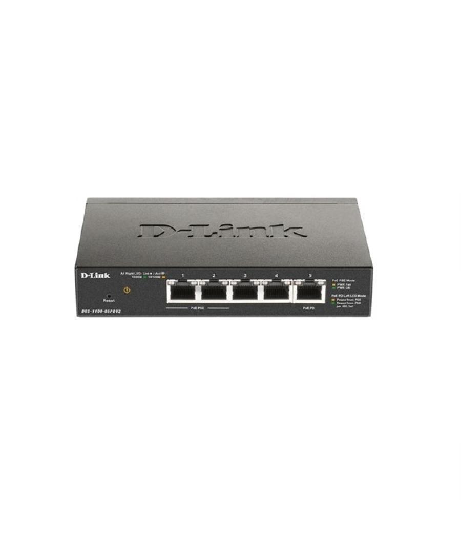 Switch semigestionable d-link dgs-1100-05pdv2 5p giga 2p poe (18w) 1xpd port para poe passthrough no rack
