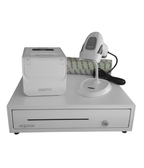 Kit tpv approx cajon portamonedas appcash01 blanco + lector/scanner appls22wh + impresora termica apppos80amusewh + pack rollos 