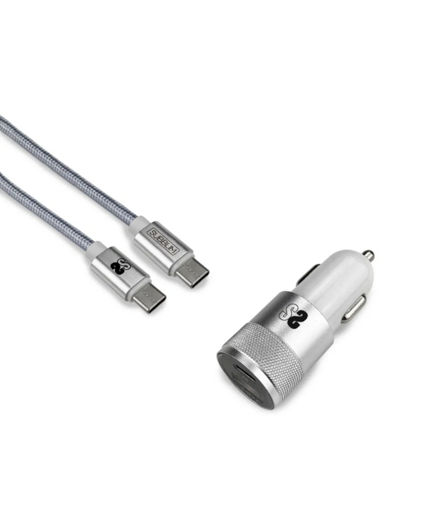 Cargador coche subblim dual pd pd18w+qc3.0 + c to c cable silver