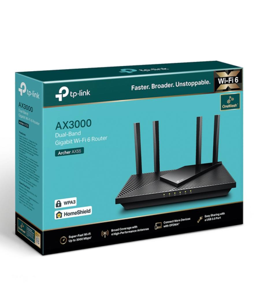 Tp-link archer ax55 router wifi dual band 6 ax3000 cpu dual core 574mbps 2,4ghz y 2402mps en 5ghz 5p giga 4 antenas 1usb 3.0