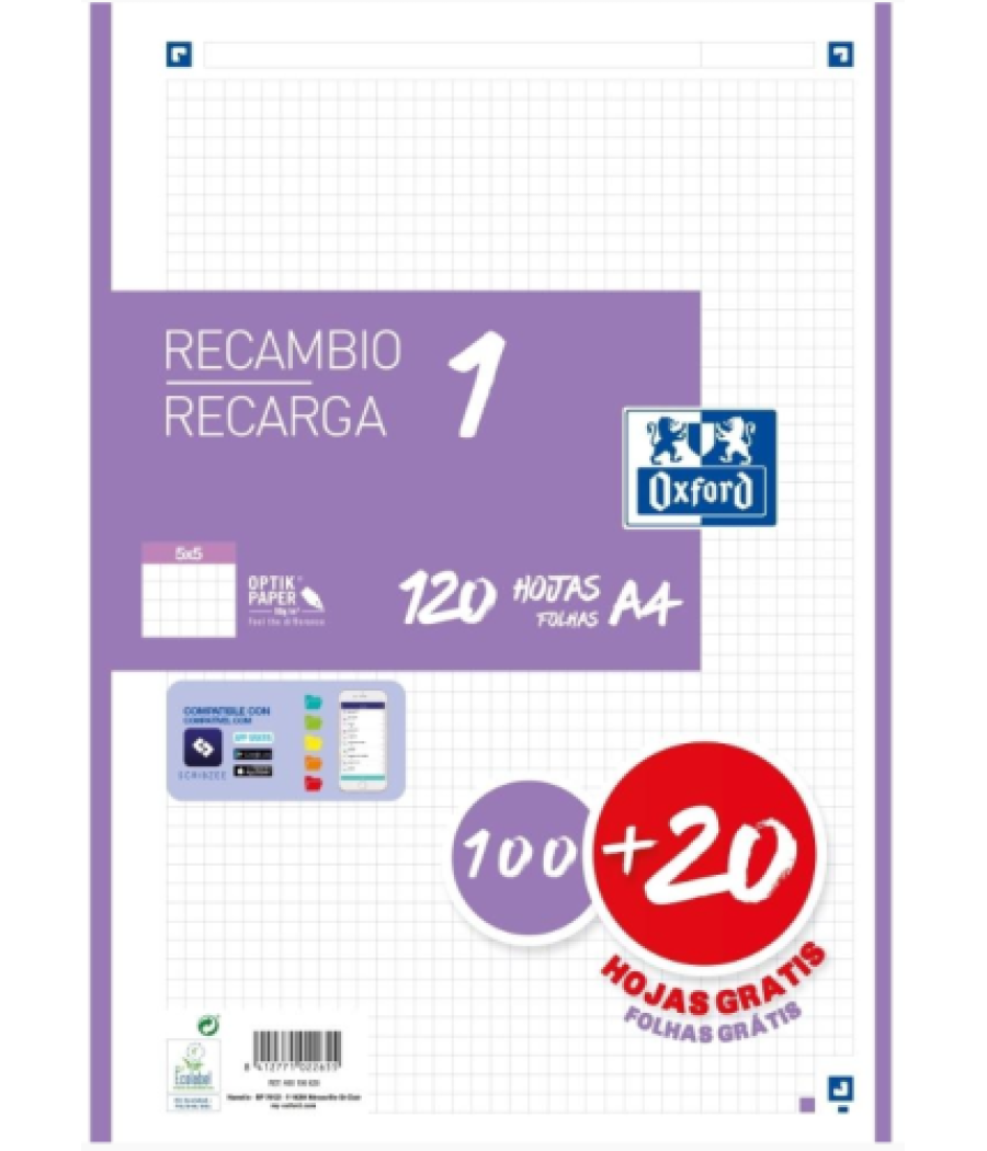 Recambio color 1 a4 100+20 hojas 5x5 lila 90grs oxford 400158164