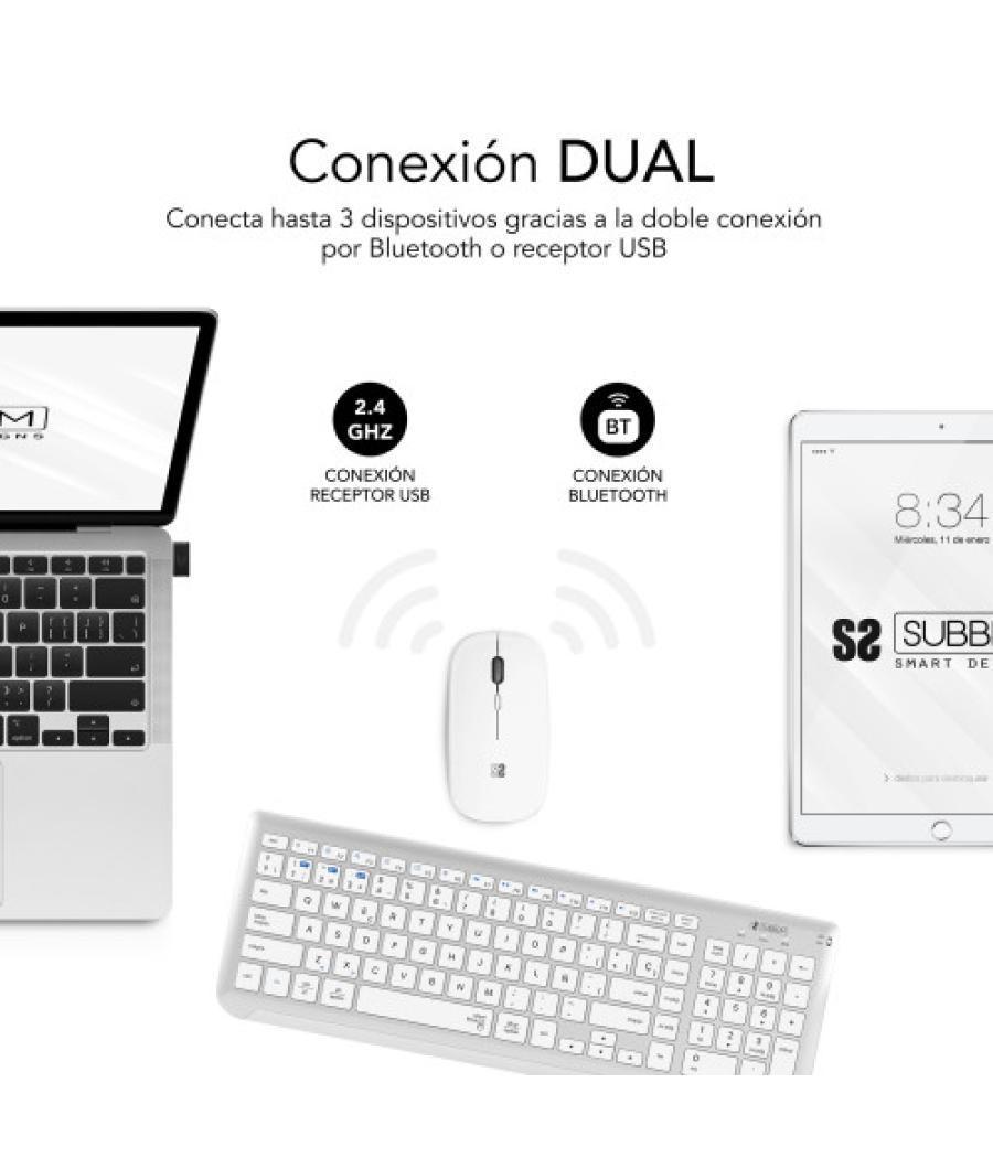 Subblim teclado con ratón bluetooth + 2.4g combo dual prestige extendido plata/blanco