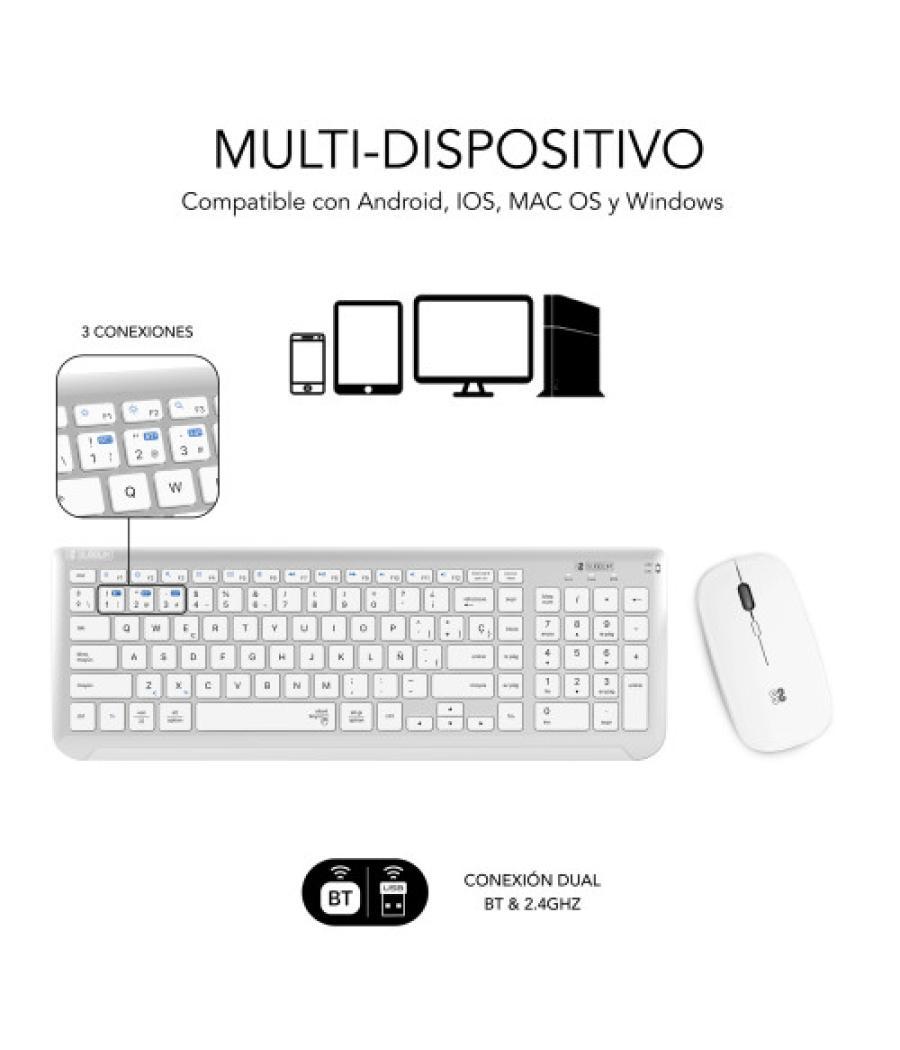 Subblim teclado con ratón bluetooth + 2.4g combo dual prestige extendido plata/blanco