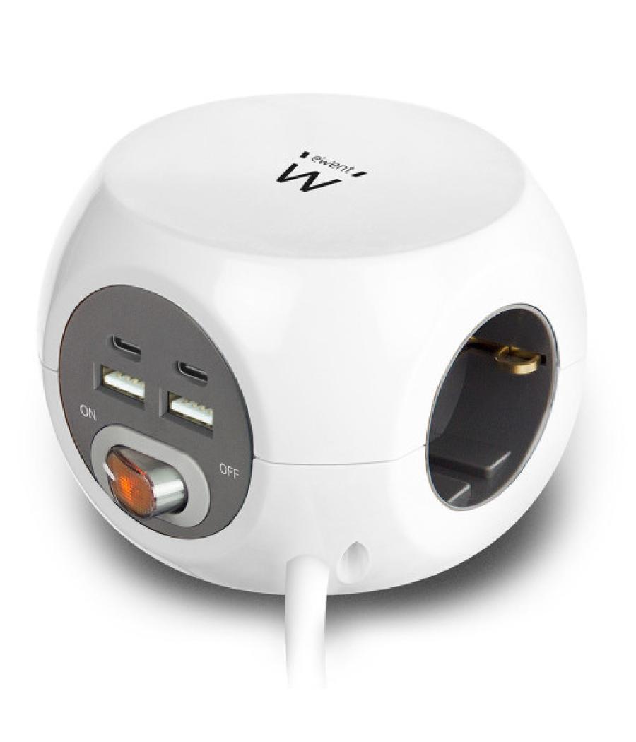 Ewent regleta 3 tomas shucko + 2 puertos usb-c + 2 puertos usb (3.4 a / 17w)