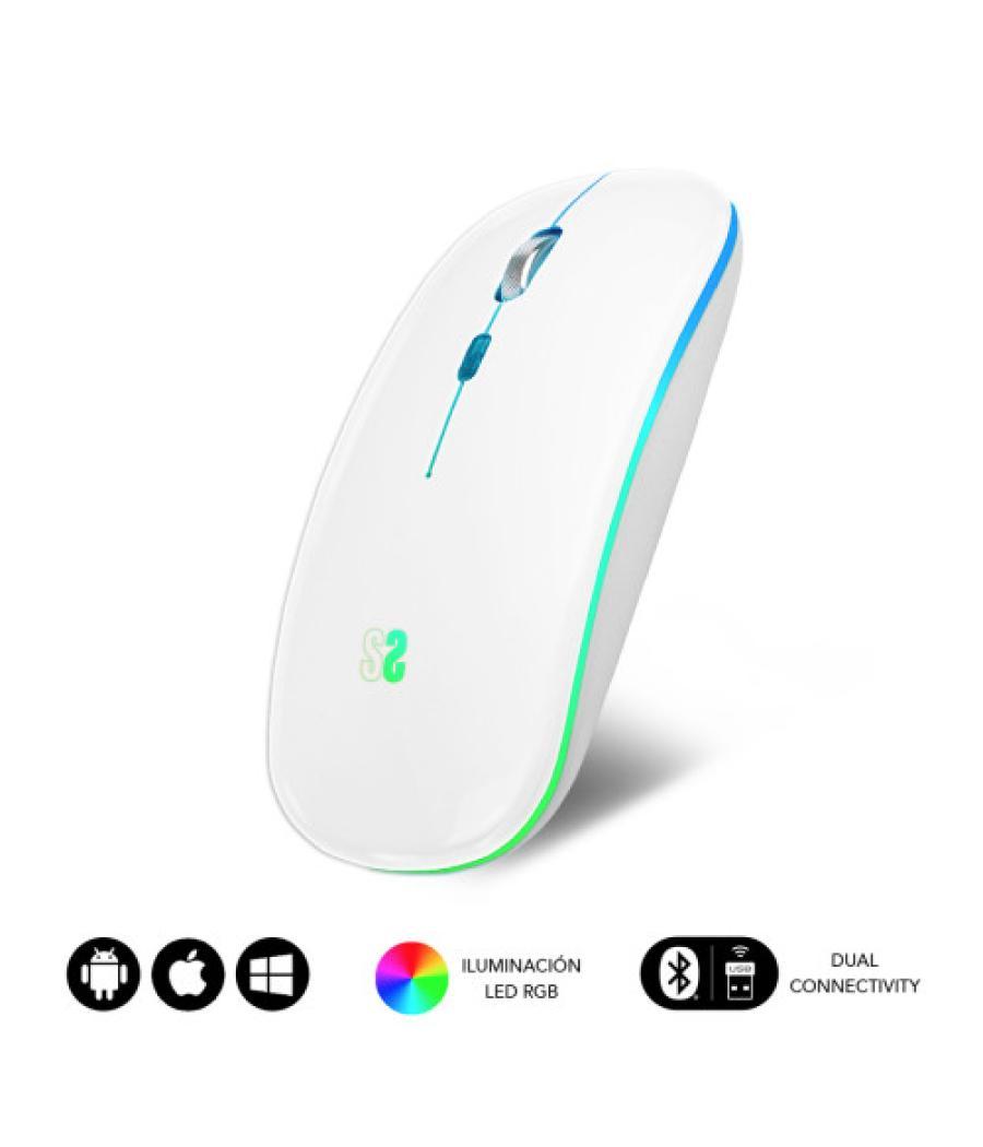 Ratón óptico inalámbrico 2.4g y bt rgb led dual flat mouse white