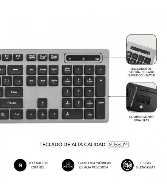Subblim teclado ergonómico y ratón inalámbricos plano silencioso gris/negro ergo