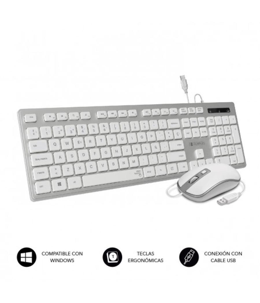 Subblim teclado ergonómico y ratón con cable usb plano silencioso plateado/blanco ergo