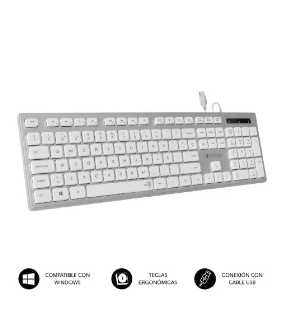 Subblim teclado ergonómico con cable usb plano silencioso plateado/blanco ergo