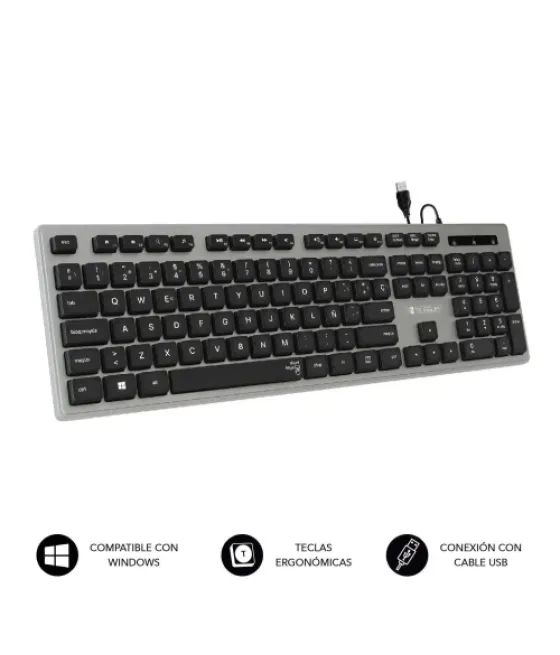 Subblim teclado ergonómico con cable usb plano silencioso gris/negro ergo