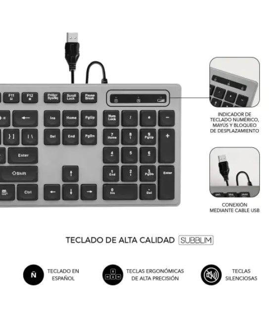 Subblim teclado ergonómico con cable usb plano silencioso gris/negro ergo