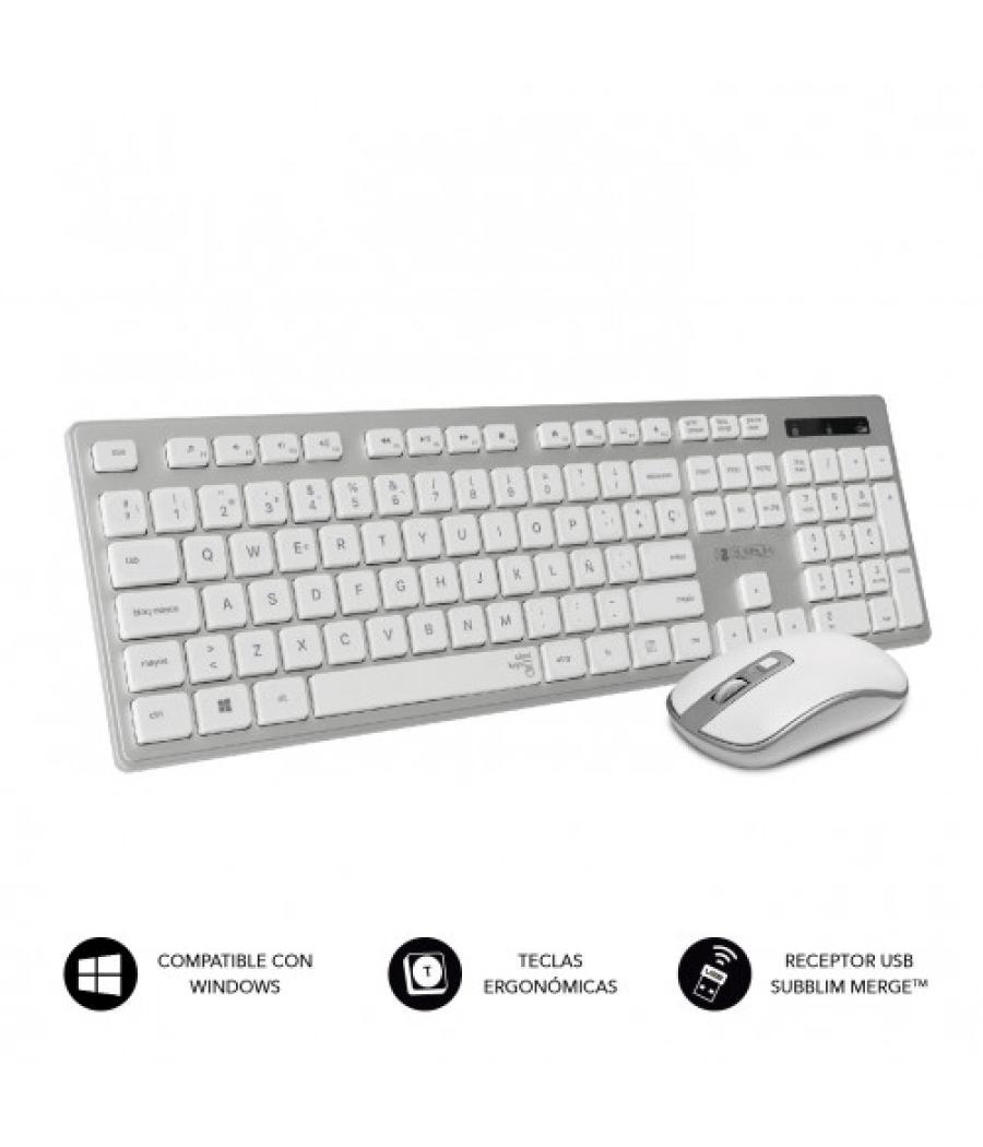 Subblim teclado ergonómico y ratón inalámbricos plano silencioso plateado/blanco ergo