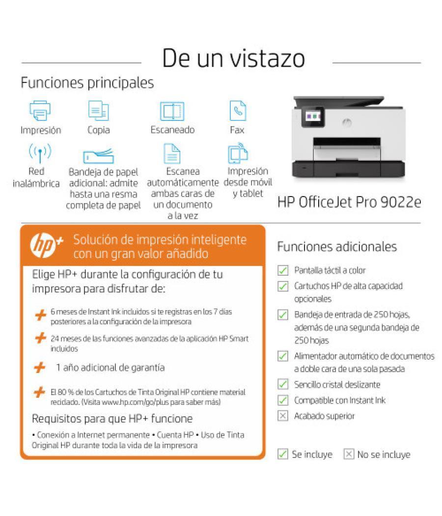 Hp officejet pro 9022e inyección de tinta a4 4800 x 1200 dpi 24 ppm wifi