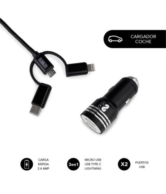 Subblim cargador coche 2xusb dual car charger alum 2.4a + cable 3 in 1 black