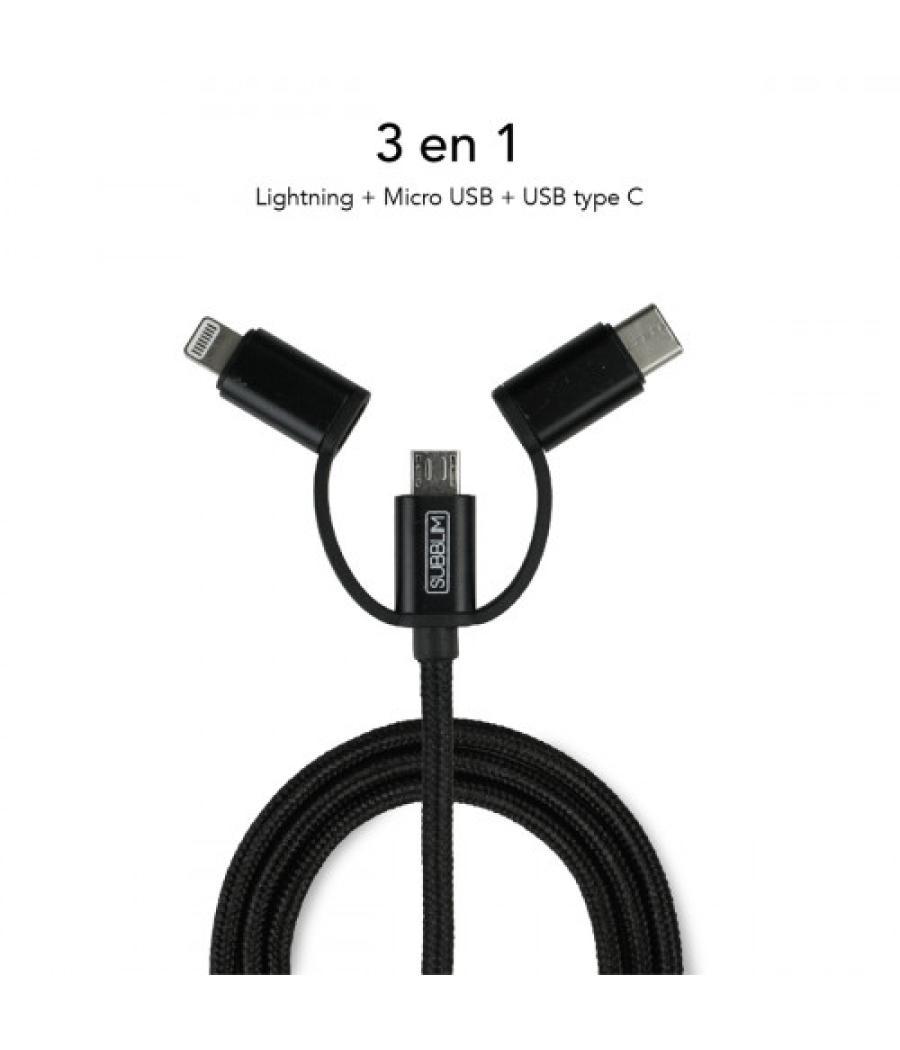 Subblim cargador coche 2xusb dual car charger alum 2.4a + cable 3 in 1 black