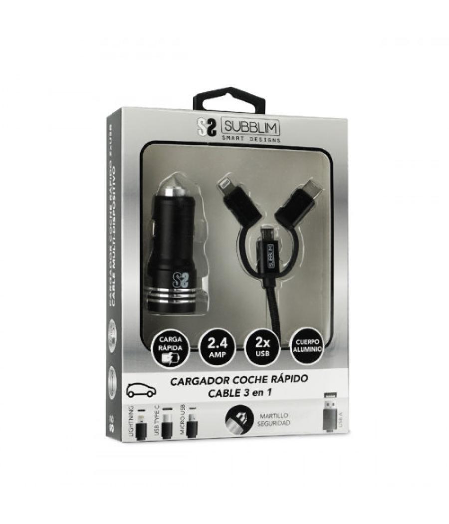 Subblim cargador coche 2xusb dual car charger alum 2.4a + cable 3 in 1 black