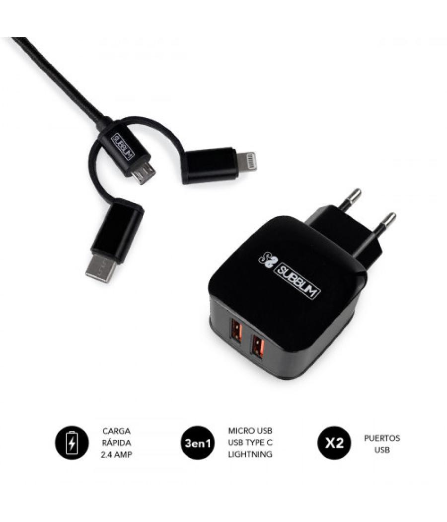 Subblim cargador usb de viaje/pared 2xusb (2.4a) + cable 3en1 black negro interior