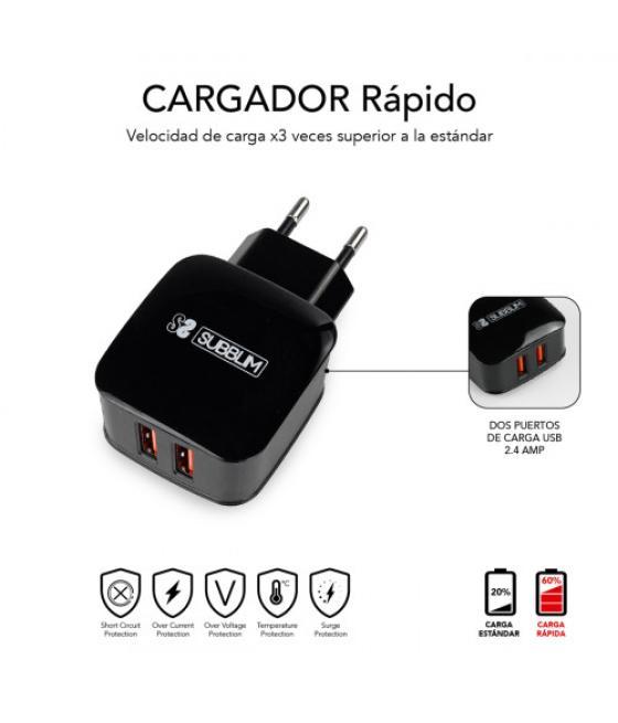 Subblim cargador usb de viaje/pared 2xusb (2.4a) + cable 3en1 black negro interior