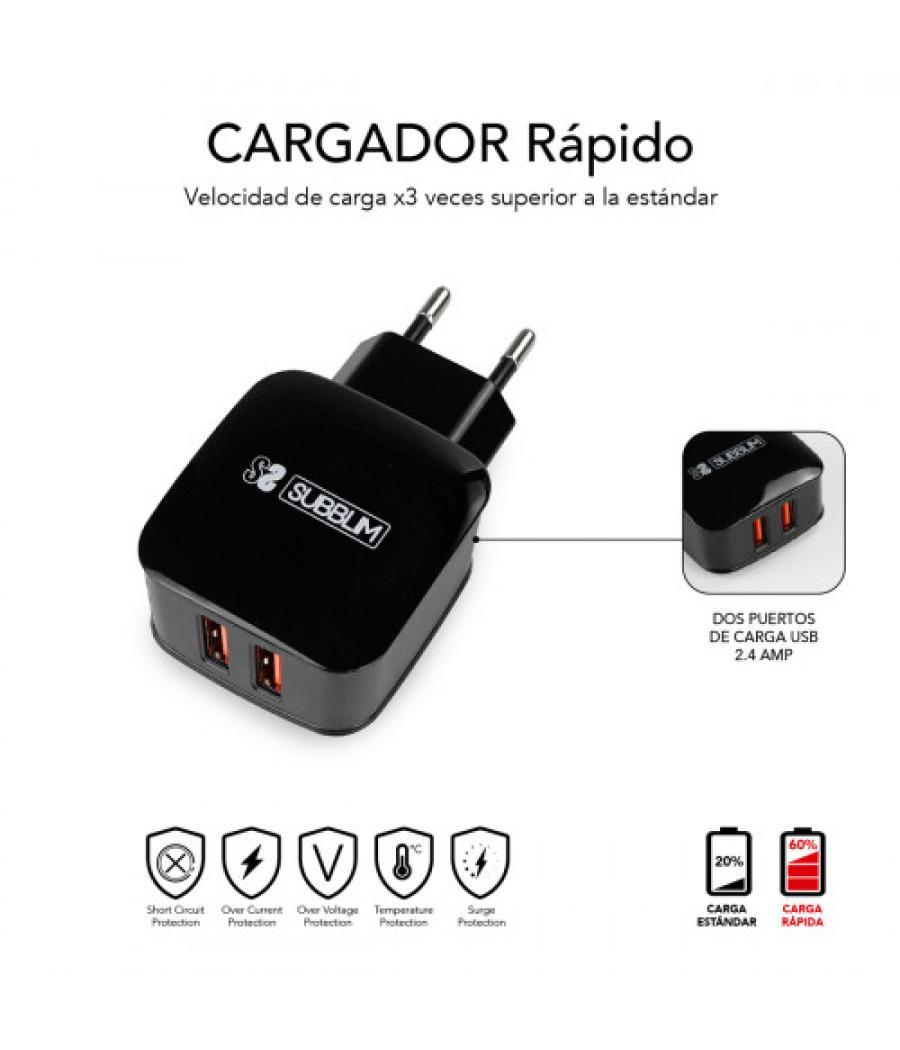 Subblim cargador usb de viaje/pared 2xusb (2.4a) + cable 3en1 black negro interior