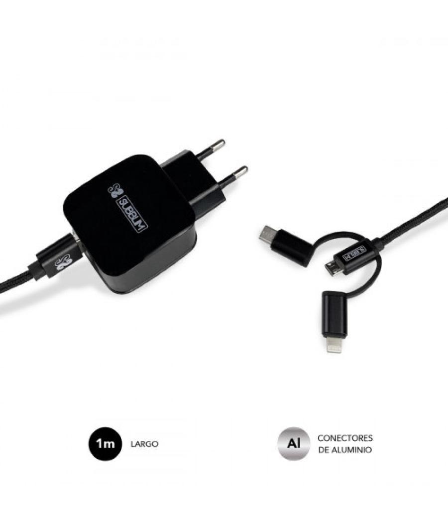 Subblim cargador usb de viaje/pared 2xusb (2.4a) + cable 3en1 black negro interior