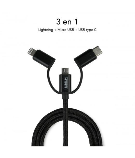 Subblim cargador usb de viaje/pared 2xusb (2.4a) + cable 3en1 black negro interior