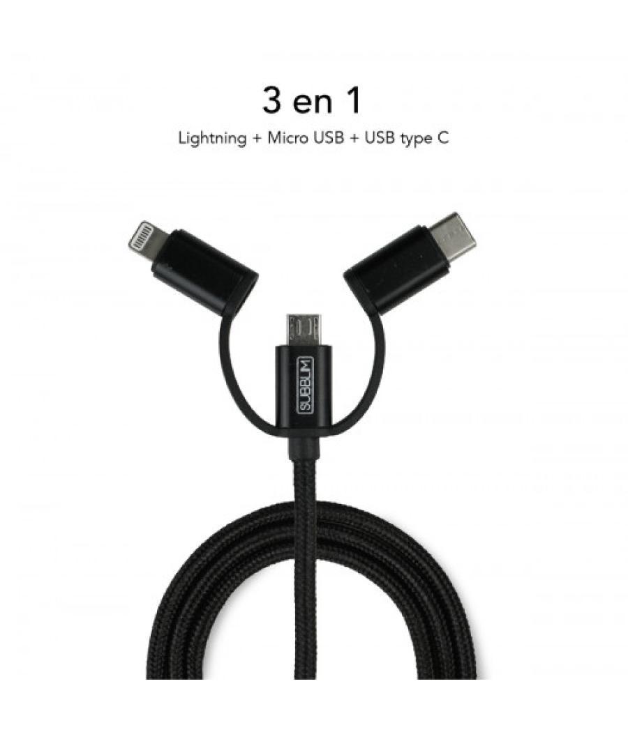 Subblim cargador usb de viaje/pared 2xusb (2.4a) + cable 3en1 black negro interior