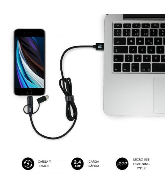 Subblim cargador usb de viaje/pared 2xusb (2.4a) + cable 3en1 black negro interior