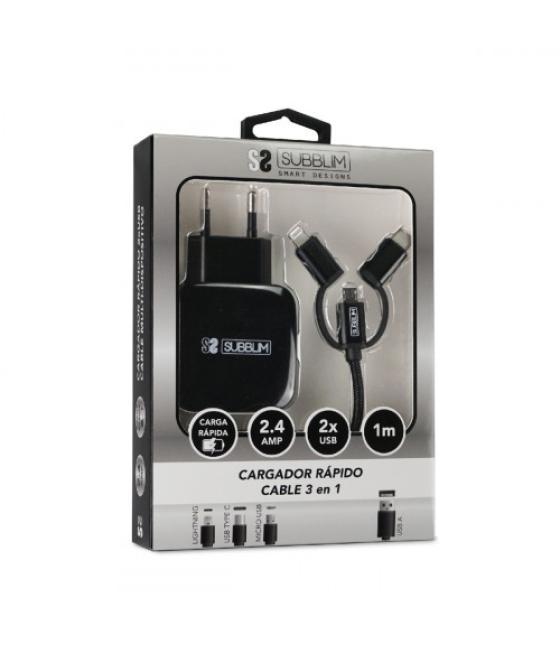 Subblim cargador usb de viaje/pared 2xusb (2.4a) + cable 3en1 black negro interior