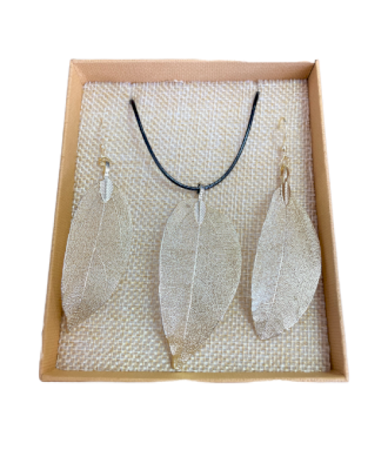 Conjunto de collar y aretes - Hoja de valor - Oro Blanco