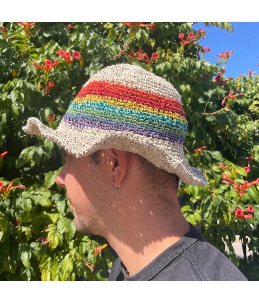 Sombrero de festival boho de cáñamo y algodón tejido a mano - Arco iris