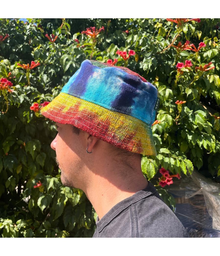 Sombrero de festival boho de cáñamo y algodón con parches - Tiedye