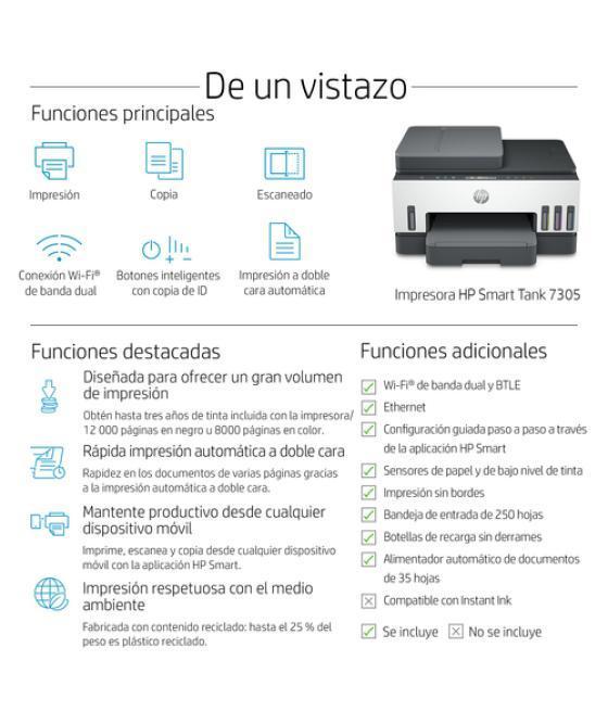 HP Smart Tank Impresora multifunción 7305, Color, Impresora para Home y Home Office, Impresión, escaneado, copia, AAD y Wi-Fi, A