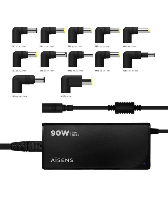 Aisens cargador universal multitension para portatil 90w automatico con 12 conectores + usb-a qc.3.0