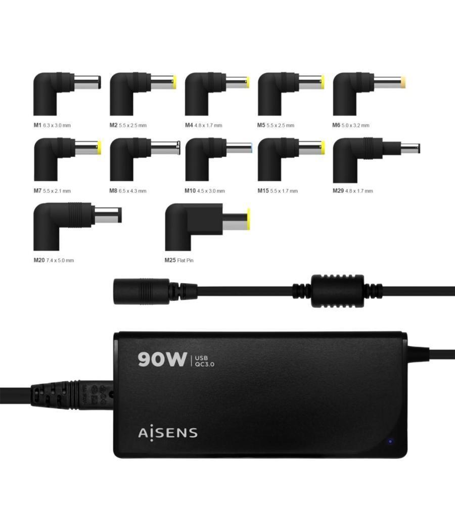 Aisens cargador universal multitension para portatil 90w automatico con 12 conectores + usb-a qc.3.0