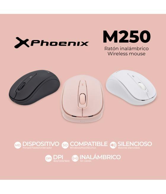 Phoenix m250 ratón inalámbrico 2.4 ghz receptor usb hasta 1600 dpi compatible con pc mac portátil color blanco