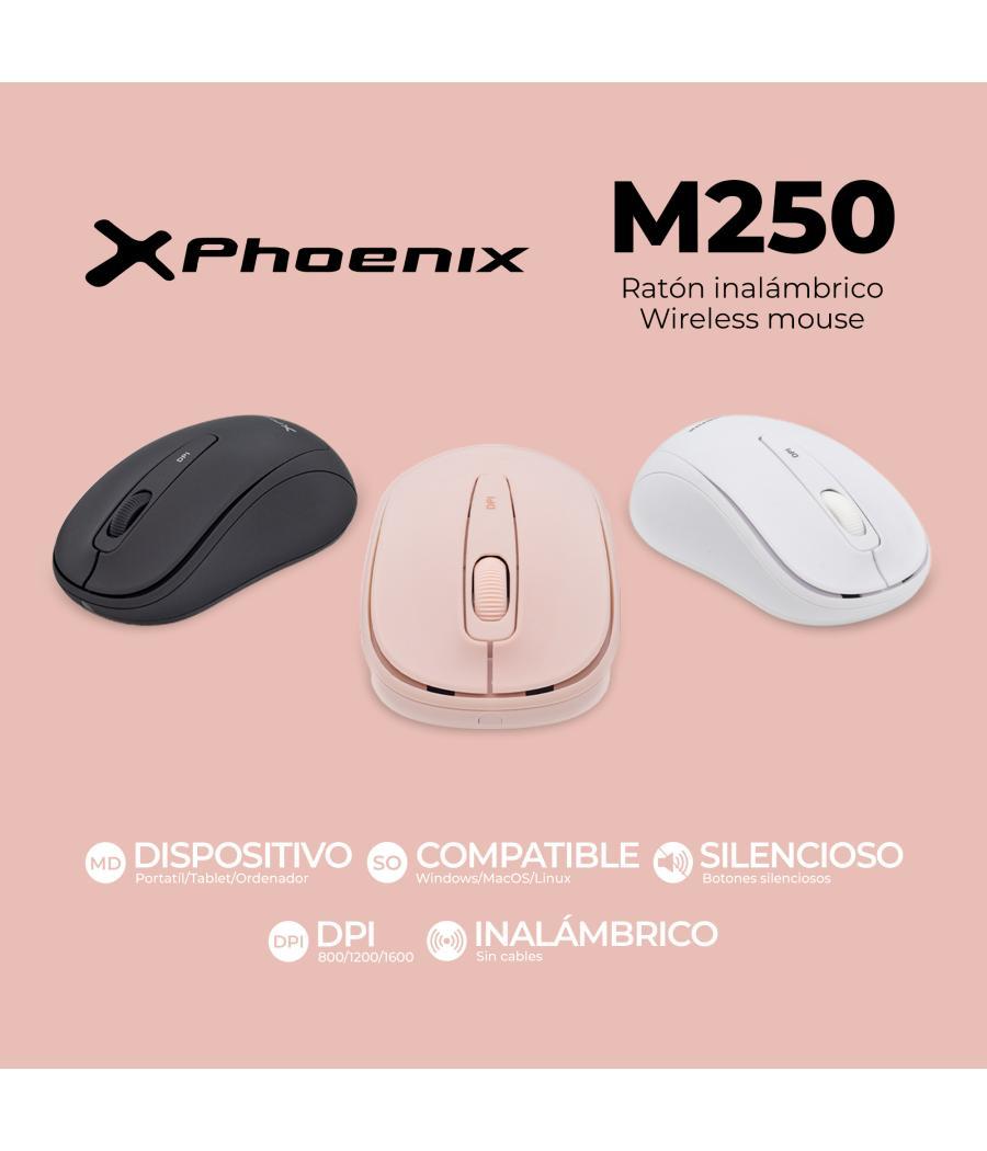 Phoenix m250 ratón inalámbrico 2.4 ghz receptor usb hasta 1600 dpi compatible con pc mac portátil color blanco