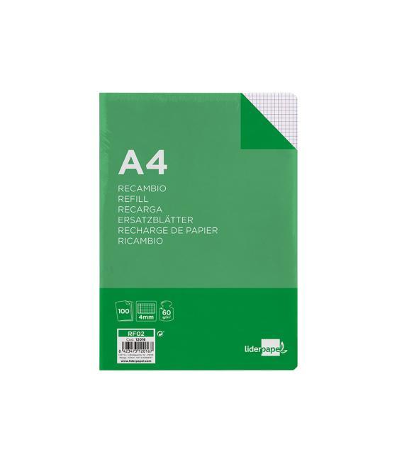 Recambio liderpapel a4 100 hojas 60g/m2 cuadro 4mm con margen sin taladros