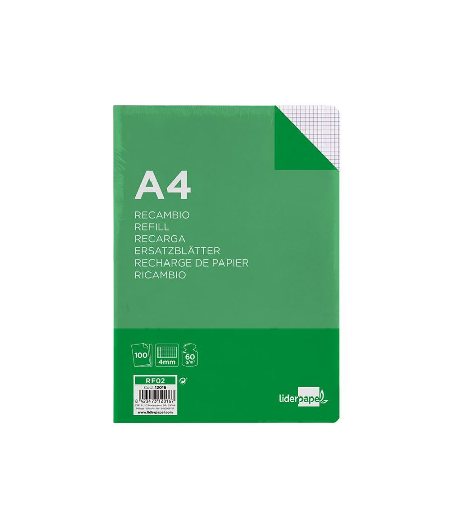 Recambio liderpapel a4 100 hojas 60g/m2 cuadro 4mm con margen sin taladros