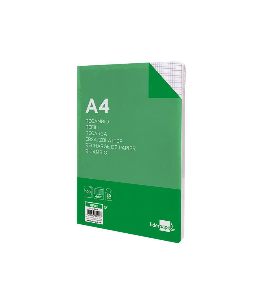 Recambio liderpapel a4 100 hojas 60g/m2 cuadro 4mm con margen sin taladros