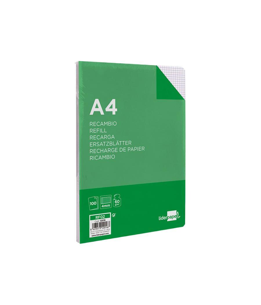 Recambio liderpapel a4 100 hojas 60g/m2 cuadro 4mm con margen sin taladros