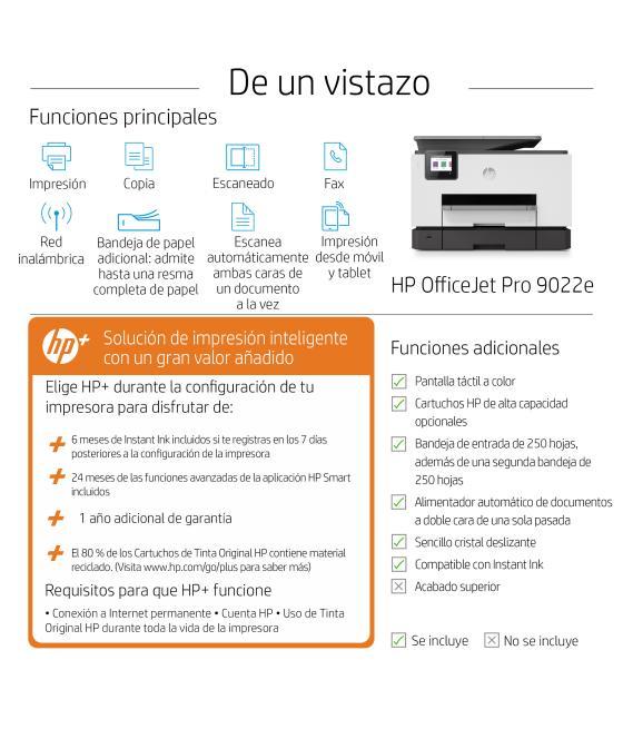 Multifunción inyección hp color officejet pro 9022e hp+ wifi duplex