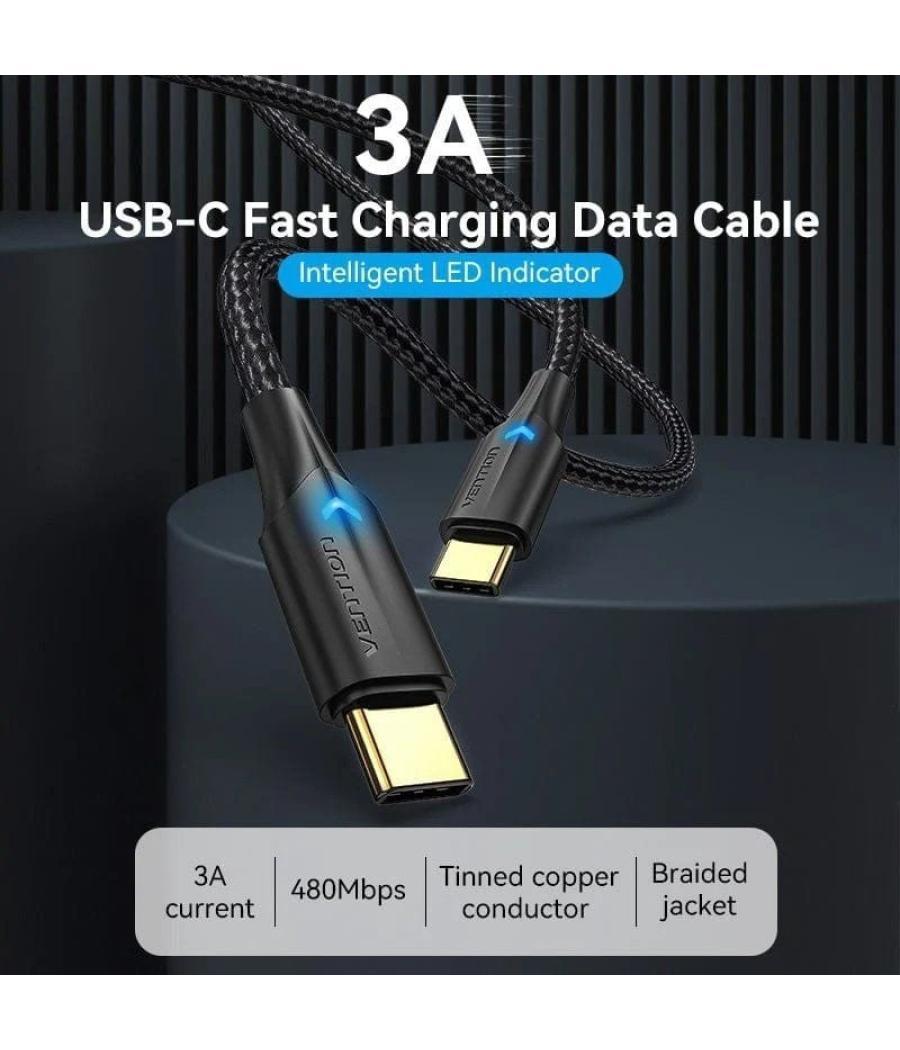 Cable usb 2.0 tipo-c 3a vention taubf/ usb tipo-c macho - usb tipo-c macho/ hasta 60w/ 480mbps/ 1m/ negro