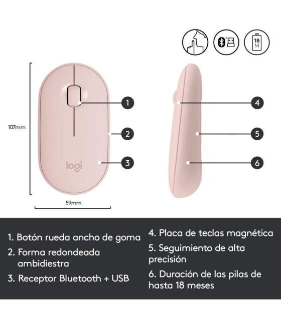 Ratón inalámbrico por bluetooth/ 2.4ghz logitech pebble m350/ hasta 1000 dpi/ rosa