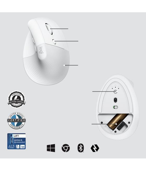 Mouse raton vertical logitech lift for business 6 botones 4000 dpi wireless inalambrico blanco hueso